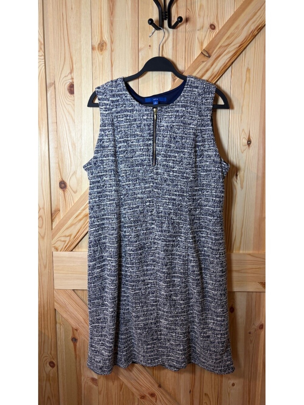 APT. 9 Sleeveless Tweed Shift Dress with Front Zipper in Navy and White, Size XL